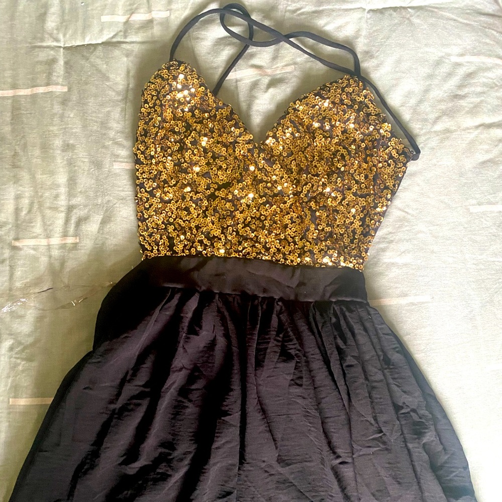 Gold/Black Sequin Skater Dress, BACKLESS, Size S